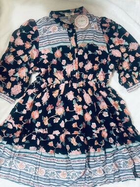 Umgee Black Floral Midi Dress with Pink & Peach Flowers